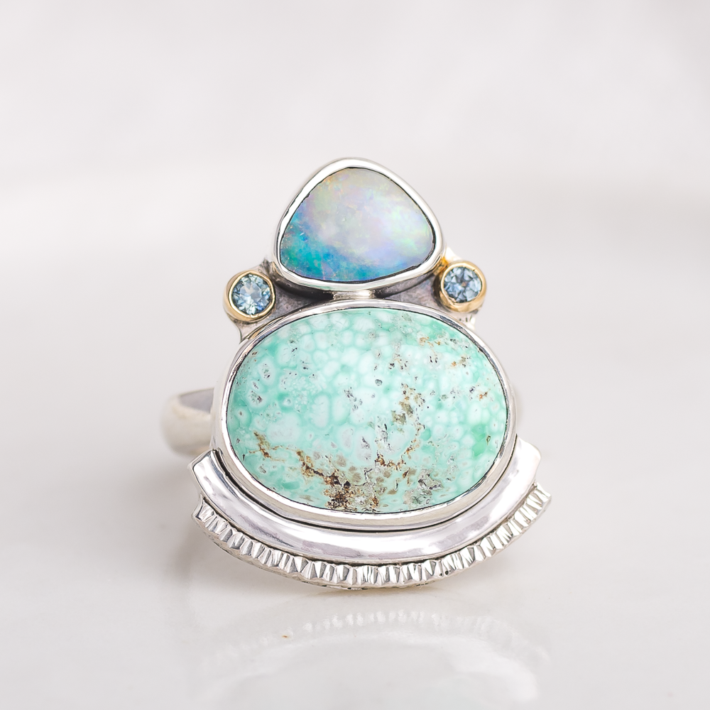 Encompass Ring ◇ Australian Opal + Hubei Turquoise + Montana Sapphires in 18K Gold ◇ Made in your size