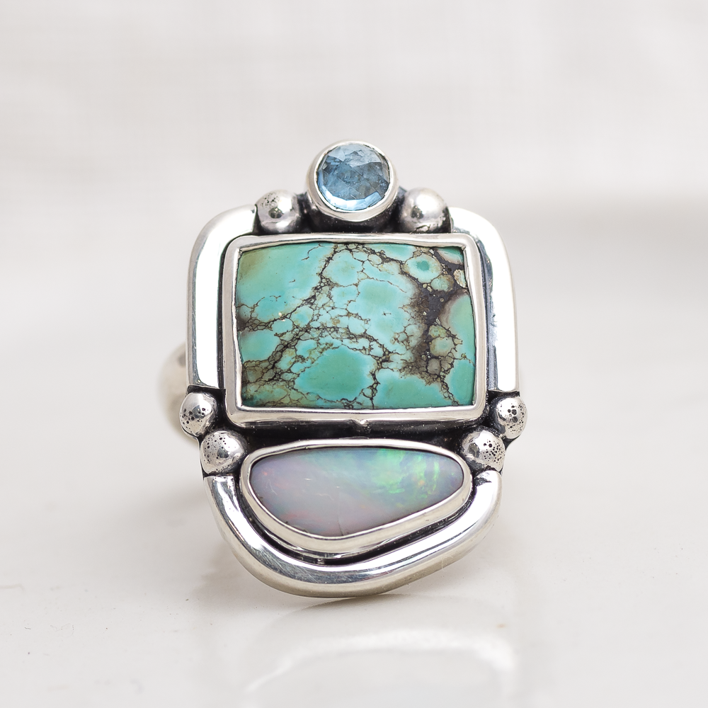 Summit Ring ◇ Rose Cut Aquamarine + Hubei Turquoise + Australian Opal ◇ Size 7 Ring MAHKA