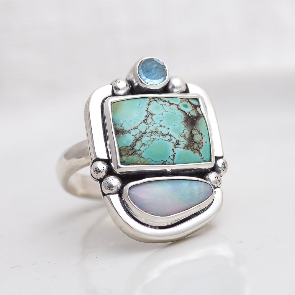 Summit Ring ◇ Rose Cut Aquamarine + Hubei Turquoise + Australian Opal ◇ Size 7 Ring MAHKA