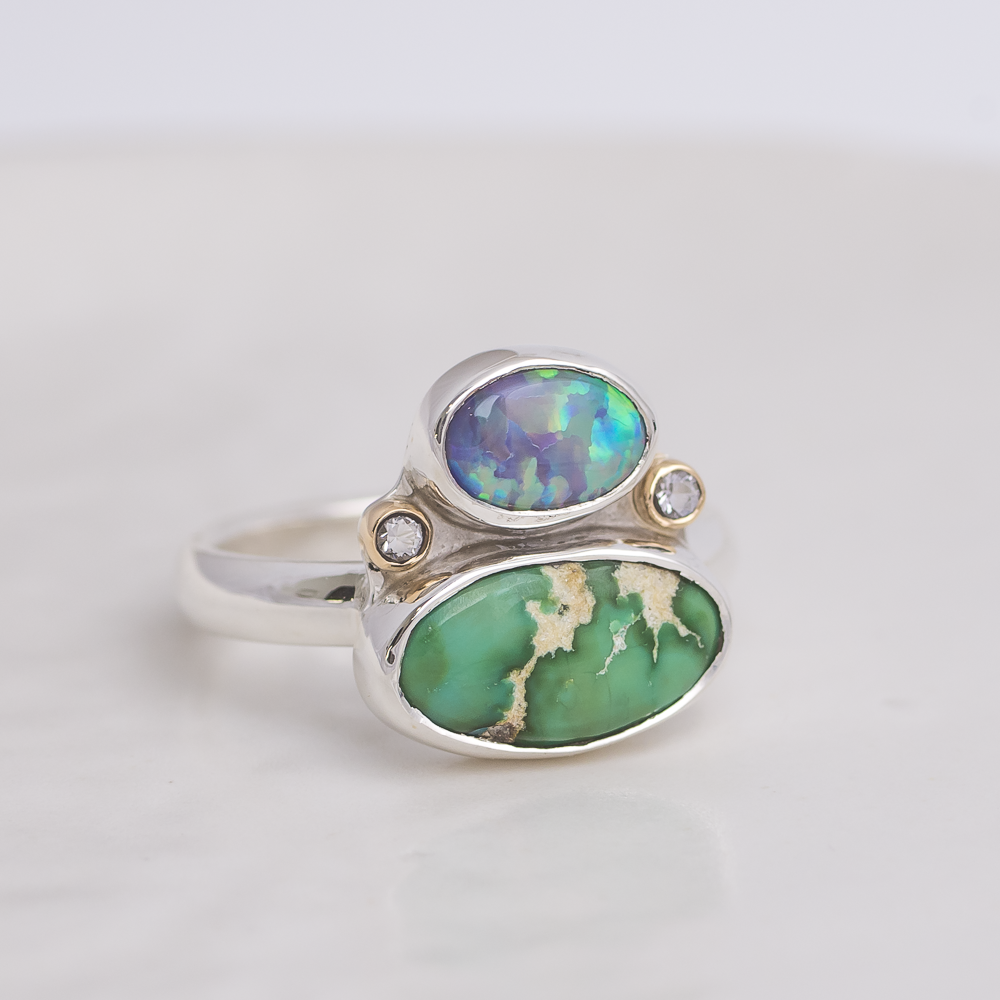 Duo Ring ◇ Australian Opal + Sonoran Turquoise + White Sapphire ◇ Size 7.5