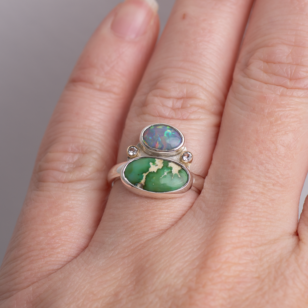 Duo Ring ◇ Australian Opal + Sonoran Turquoise + White Sapphire ◇ Size 7.5