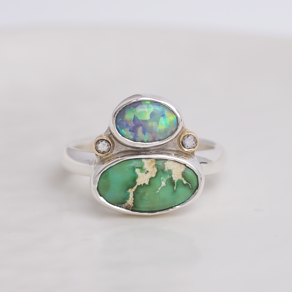 Duo Ring ◇ Australian Opal + Sonoran Turquoise + White Sapphire ◇ Size 7.5