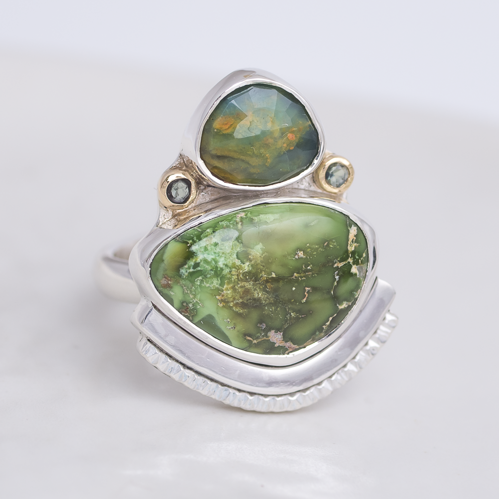 Encompass Ring ◇ Peruvian Opal + Sonoran Turquoise + Australian Green Sapphire ◇ Size 7.5