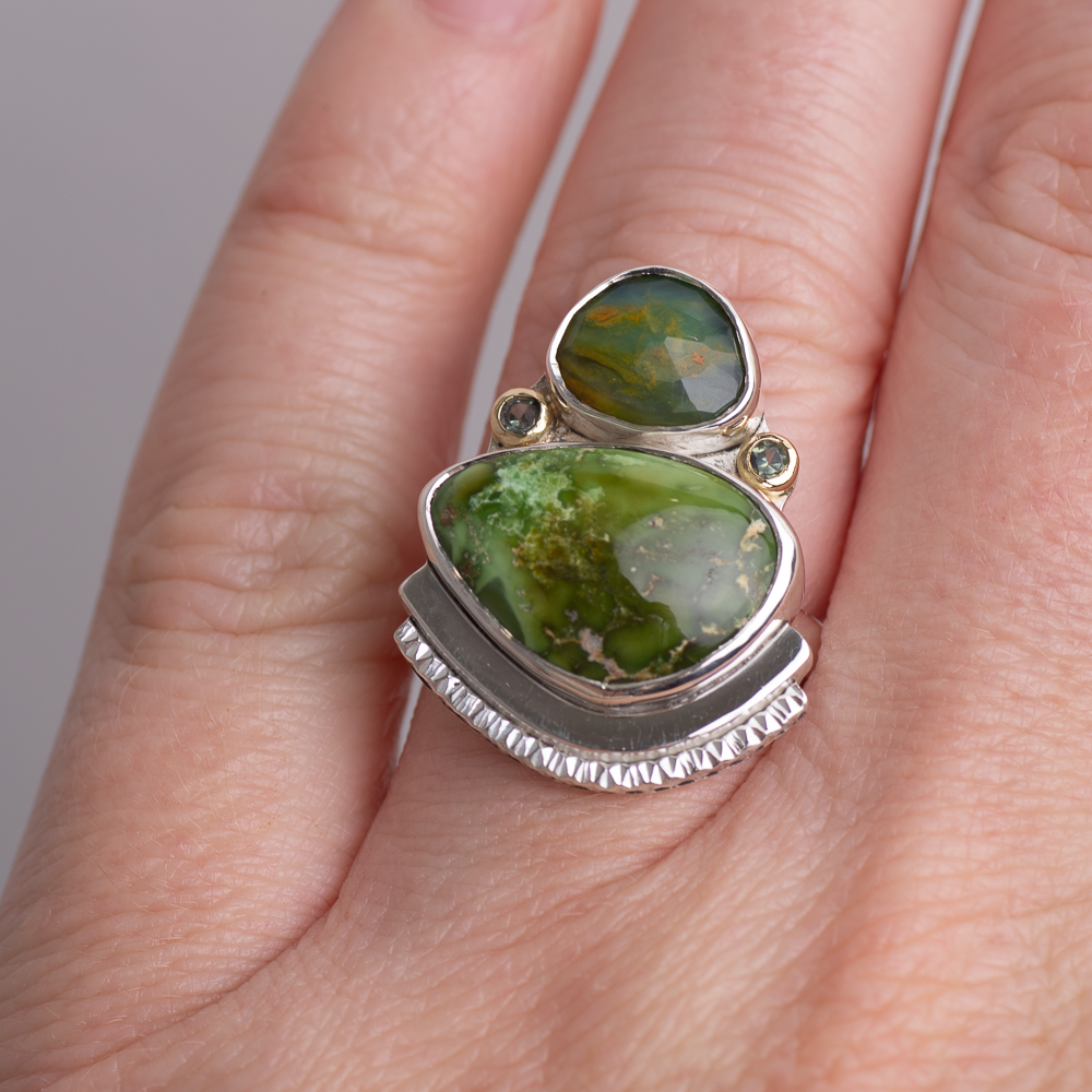Encompass Ring ◇ Peruvian Opal + Sonoran Turquoise + Australian Green Sapphire ◇ Size 7.5 Ring HOLIDAY COLLECTION