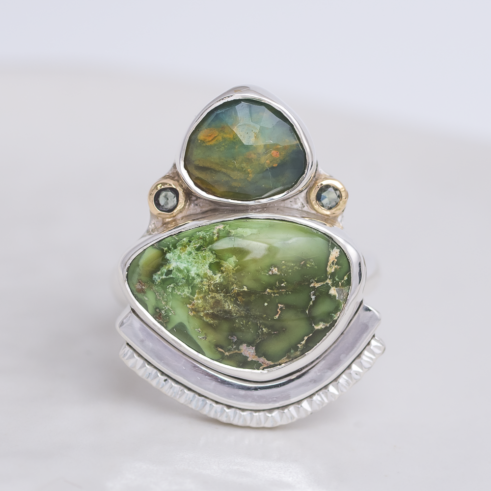 Encompass Ring ◇ Peruvian Opal + Sonoran Turquoise + Australian Green Sapphire ◇ Size 7.5