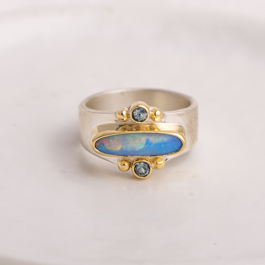 Elongated Affinity Ring ◇ Australian Opal + Montana Sapphires ◇ Size 7 ◇ 18K gold accents