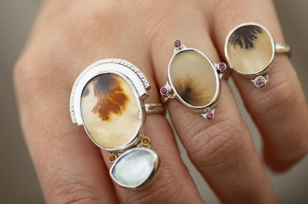 Meridian Ring ◇ Dendritic Agate + Berry Sapphire ◇ Size 7.5