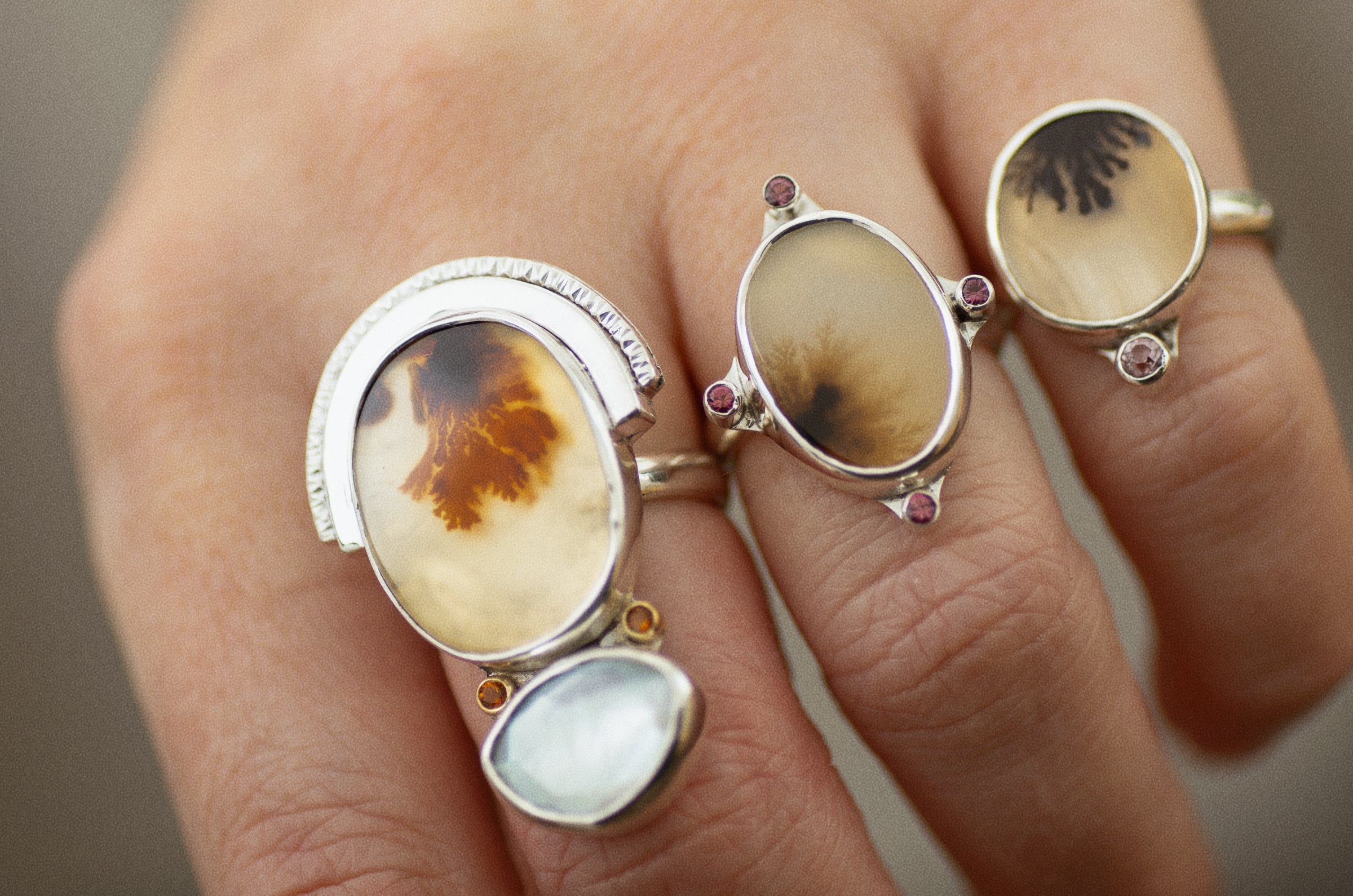 Meridian Ring ◇ Dendritic Agate + Berry Sapphire ◇ Size 7.5