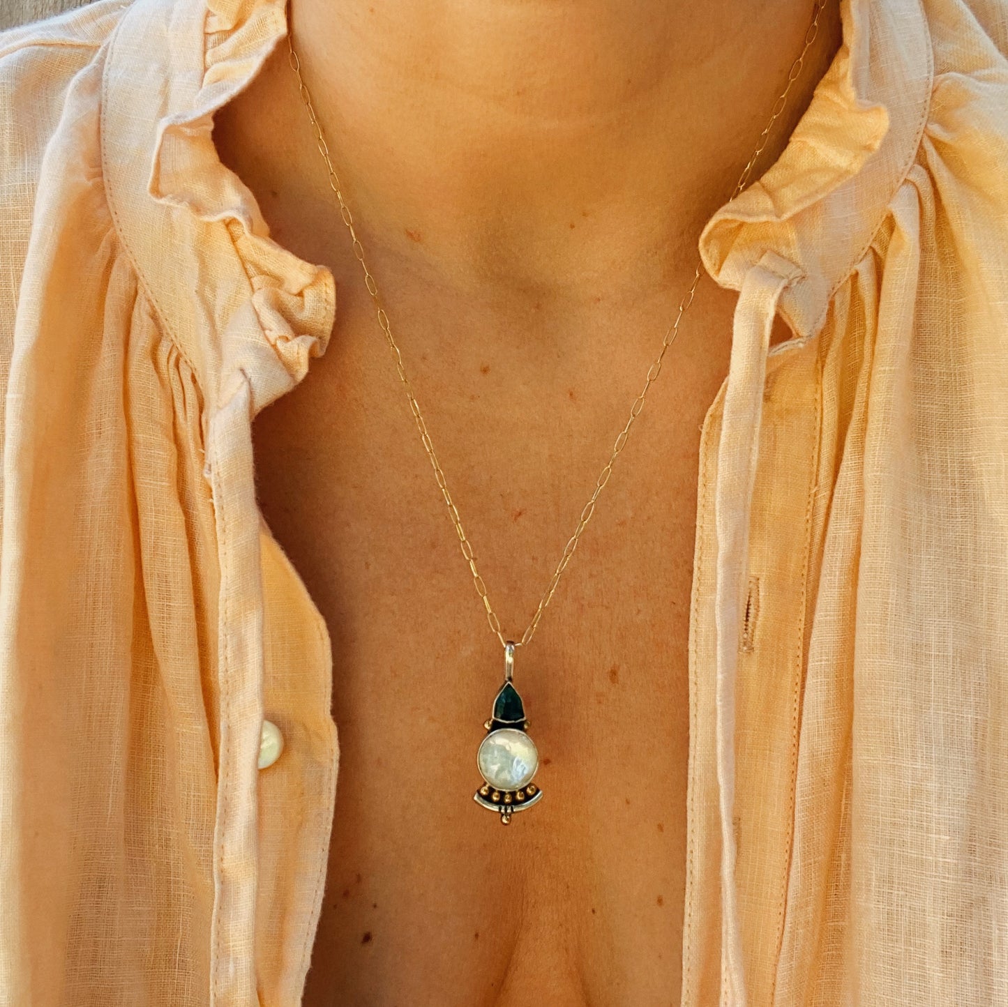Origin Necklace (A) ◇ Faceted Tourmaline + Mother of Pearl