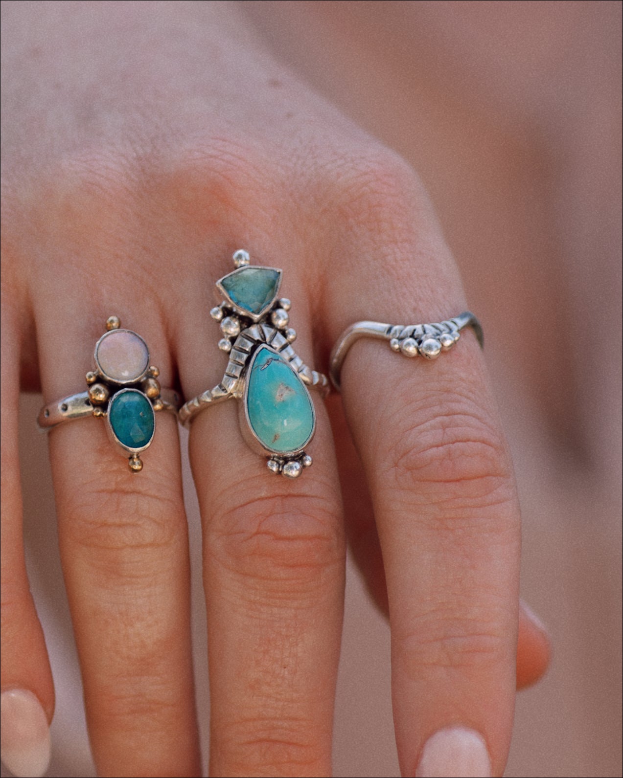 Petite Duo Ring (F) ◇ Faceted Blue Apatite + Australian Opal ◇ Size 7.5
