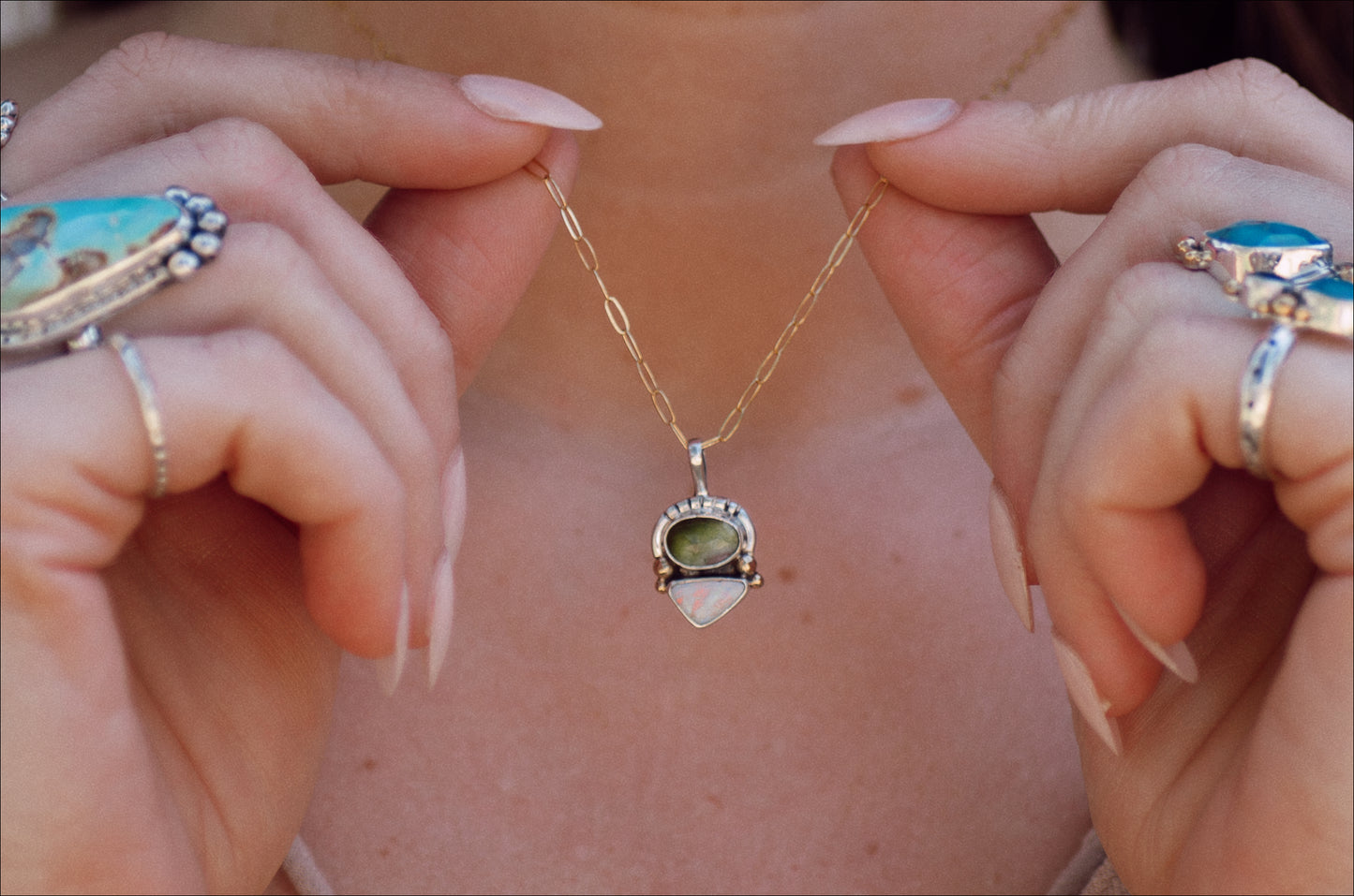 Duo Necklace (A) ◇ Faceted Tourmaline + Australian Opal (Silver + 14k Gold)