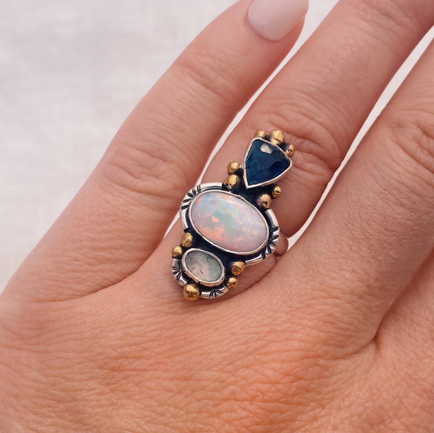 Trine Ring (A) ◇ Faceted Tourmaline + Australian Opal + Faceted Tourmaline ◇ Size 6