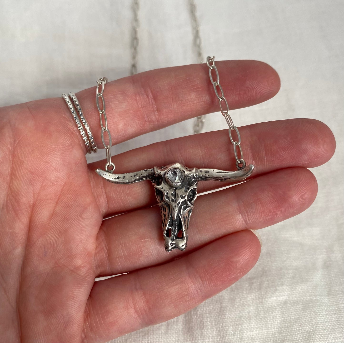 Silver Cow Skull Long Necklace with Herkimer Diamond Crystal Point