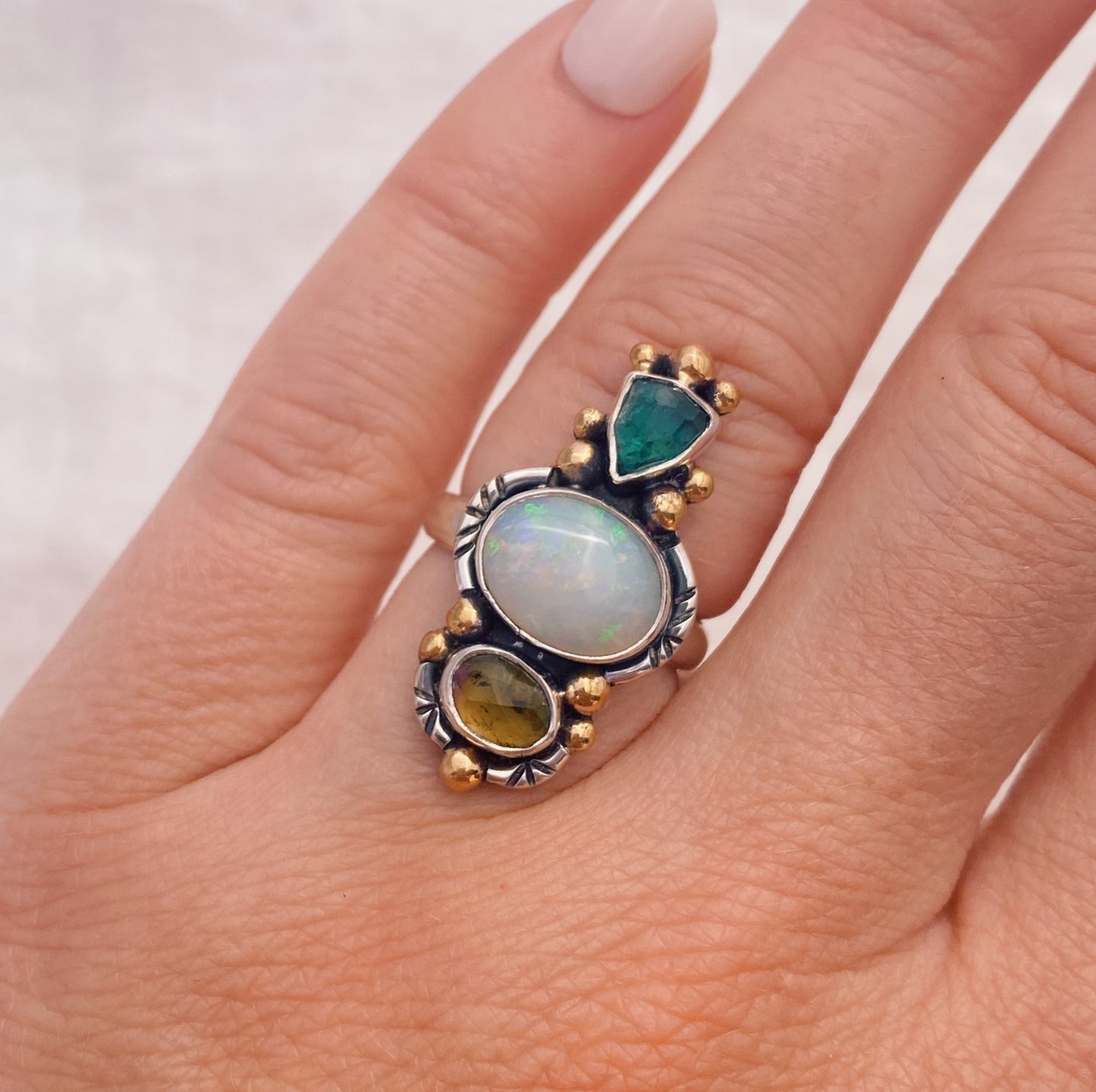 Trine Ring (B) ◇ Faceted Tourmaline + Australian Opal + Faceted Tourmaline ◇ Size 6.5