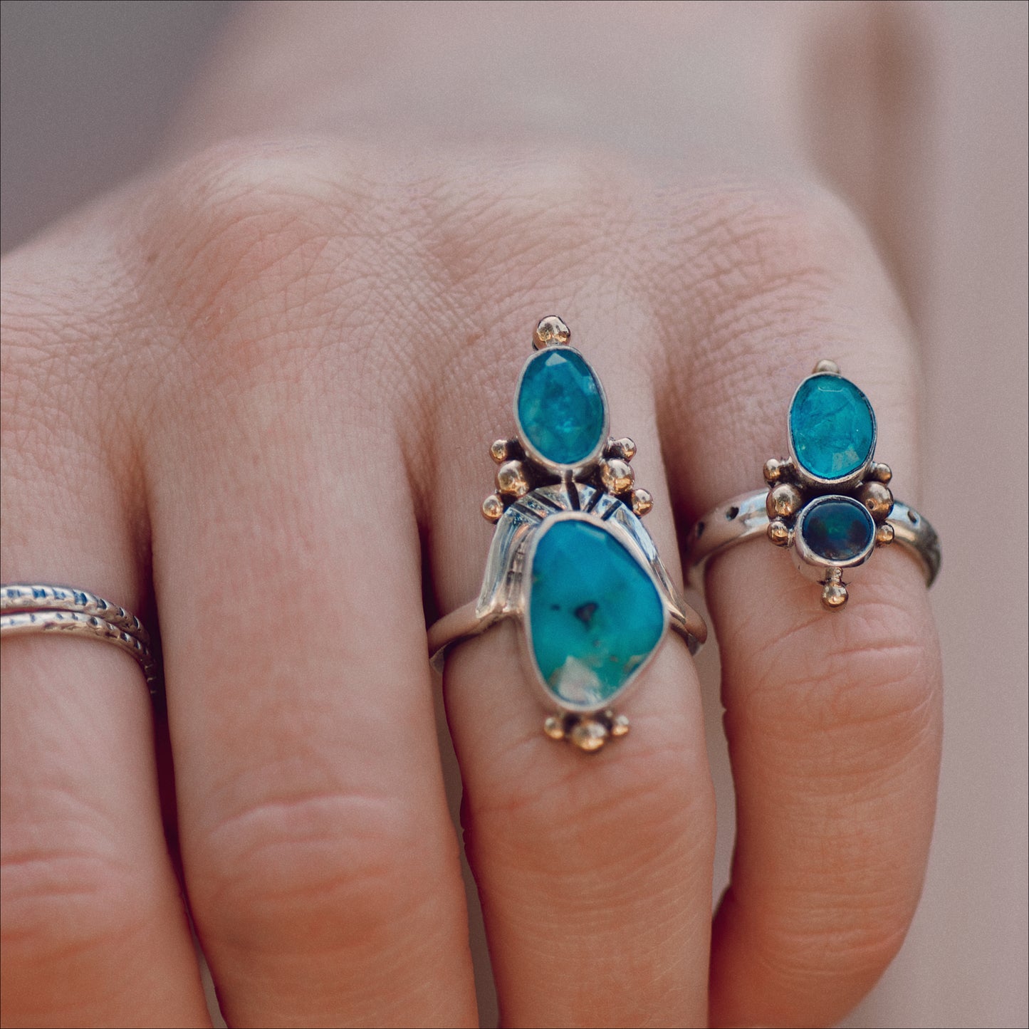 Kindred Embrace Ring (D) ◇ Faceted Turquoise + Faceted Blue Apatite ◇ Size 7.5