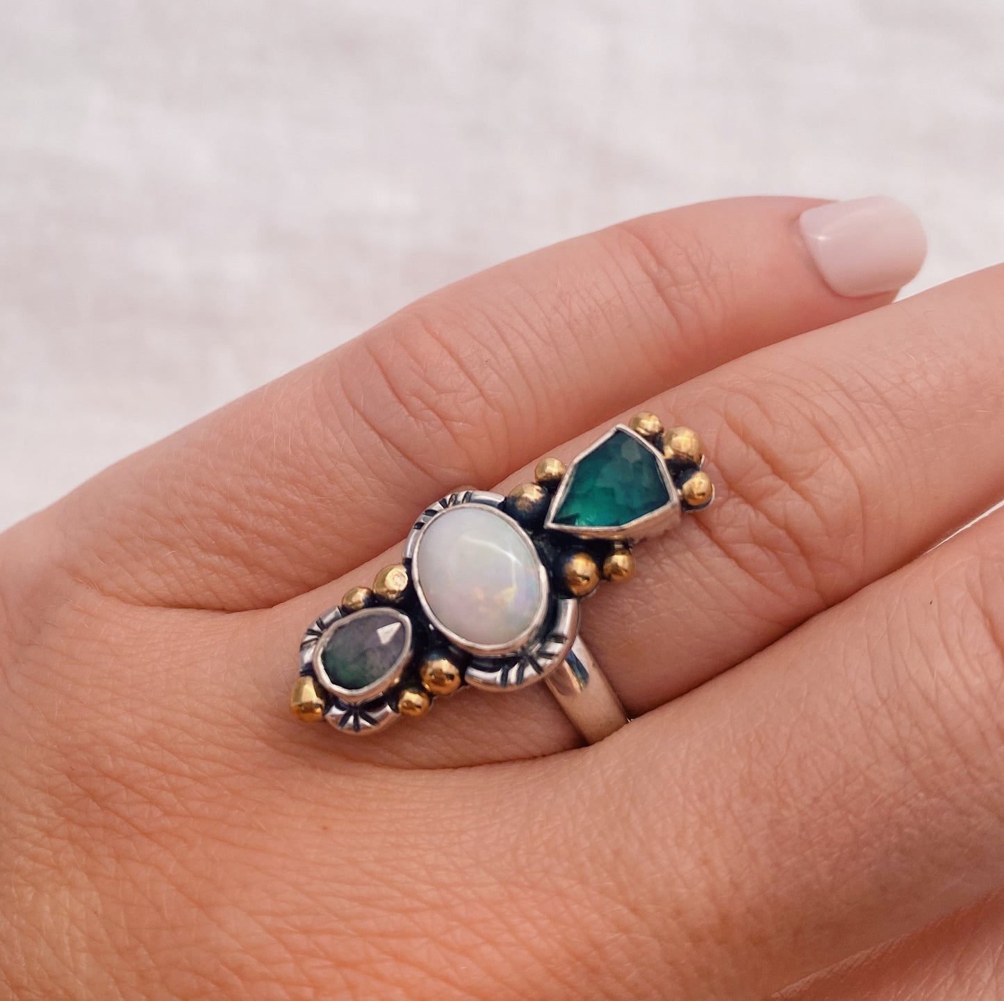 Trine Ring (D) ◇ Faceted Tourmaline + Australian Opal + Faceted Tourmaline ◇ Size 7.5