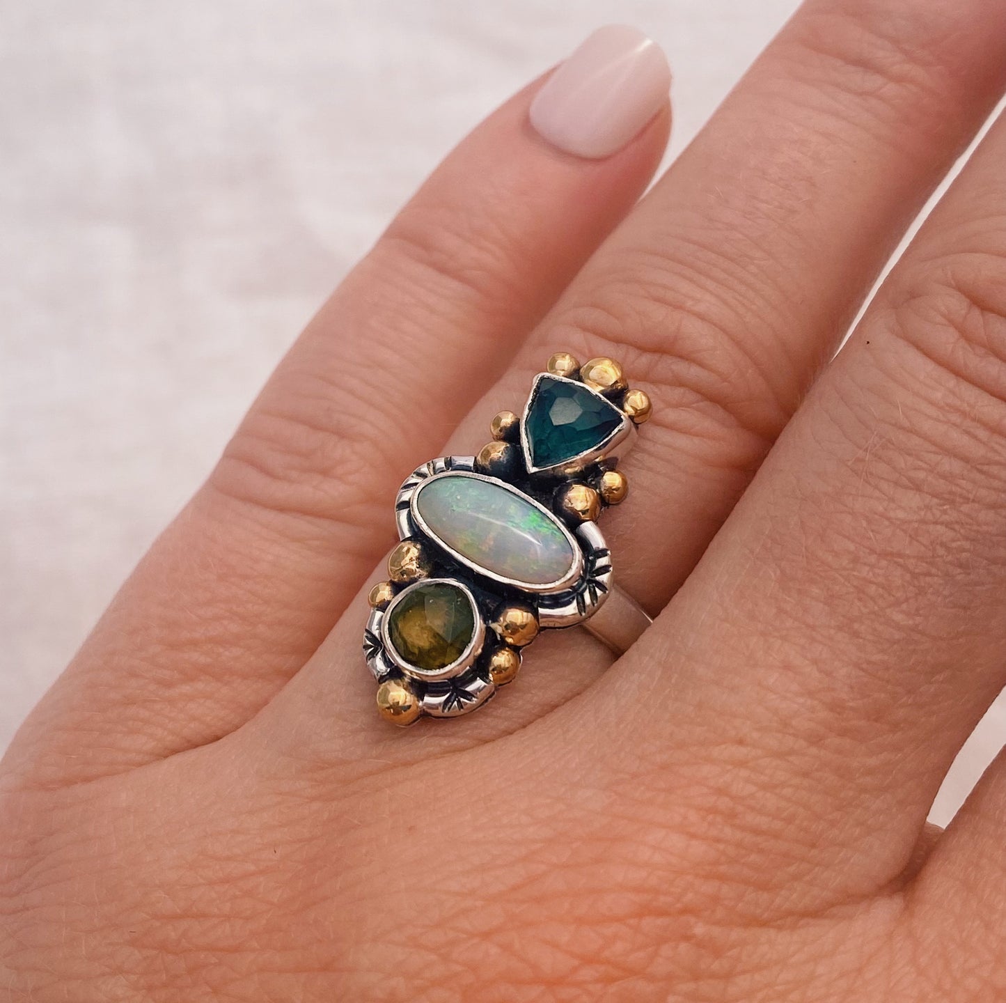 Trine Ring (C) ◇ Faceted Tourmaline + Australian Opal + Faceted Tourmaline ◇ Size 7