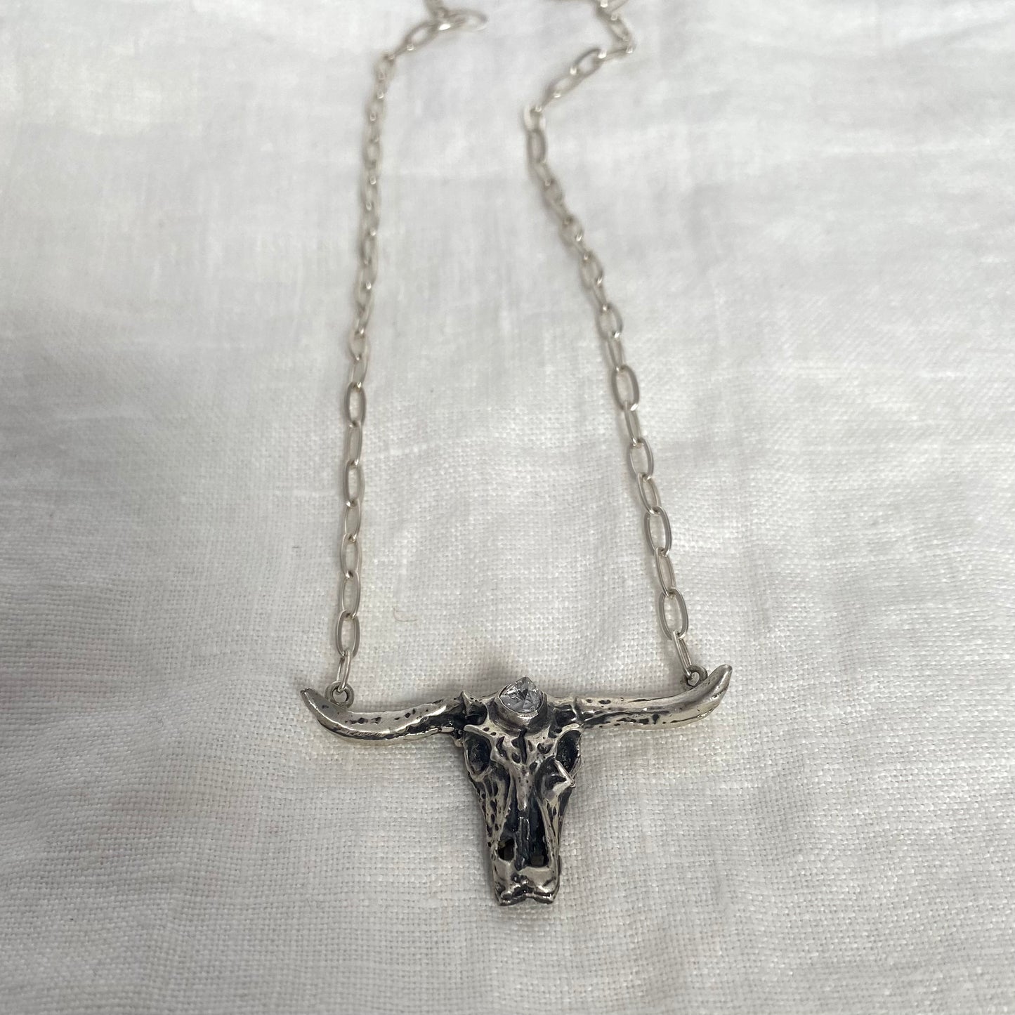 Silver Cow Skull Long Necklace with Herkimer Diamond Crystal Point