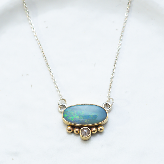 Nova Necklace  ◇ Australian Opal + Natural Rose Cut Diamond ◇ 14k + silver
