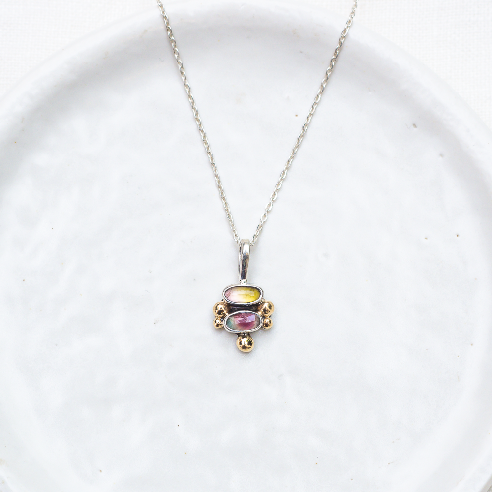 Petite Duo Necklace ◇ Faceted Tourmaline ◇ Silver + 14k gold