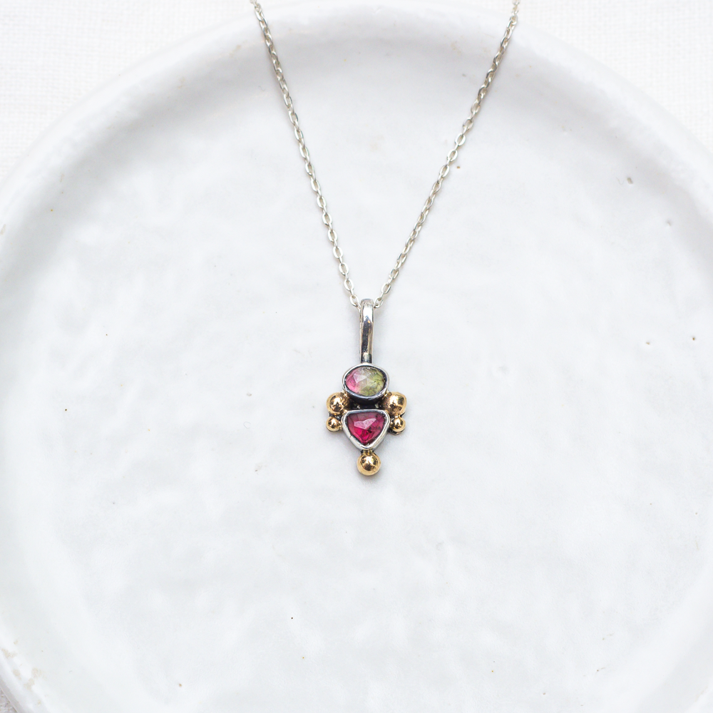 Petite Duo Necklace ◇ Faceted Tourmaline + Garnet ◇ Sterling Silver + 14k Gold
