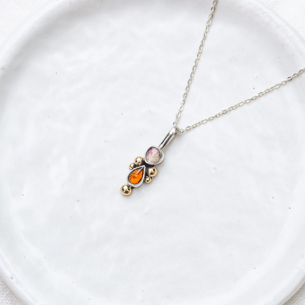Petite Duo Necklace ◇ Faceted Tourmaline + Hessonite Garnet ◇ Sterling Silver + 14k Gold