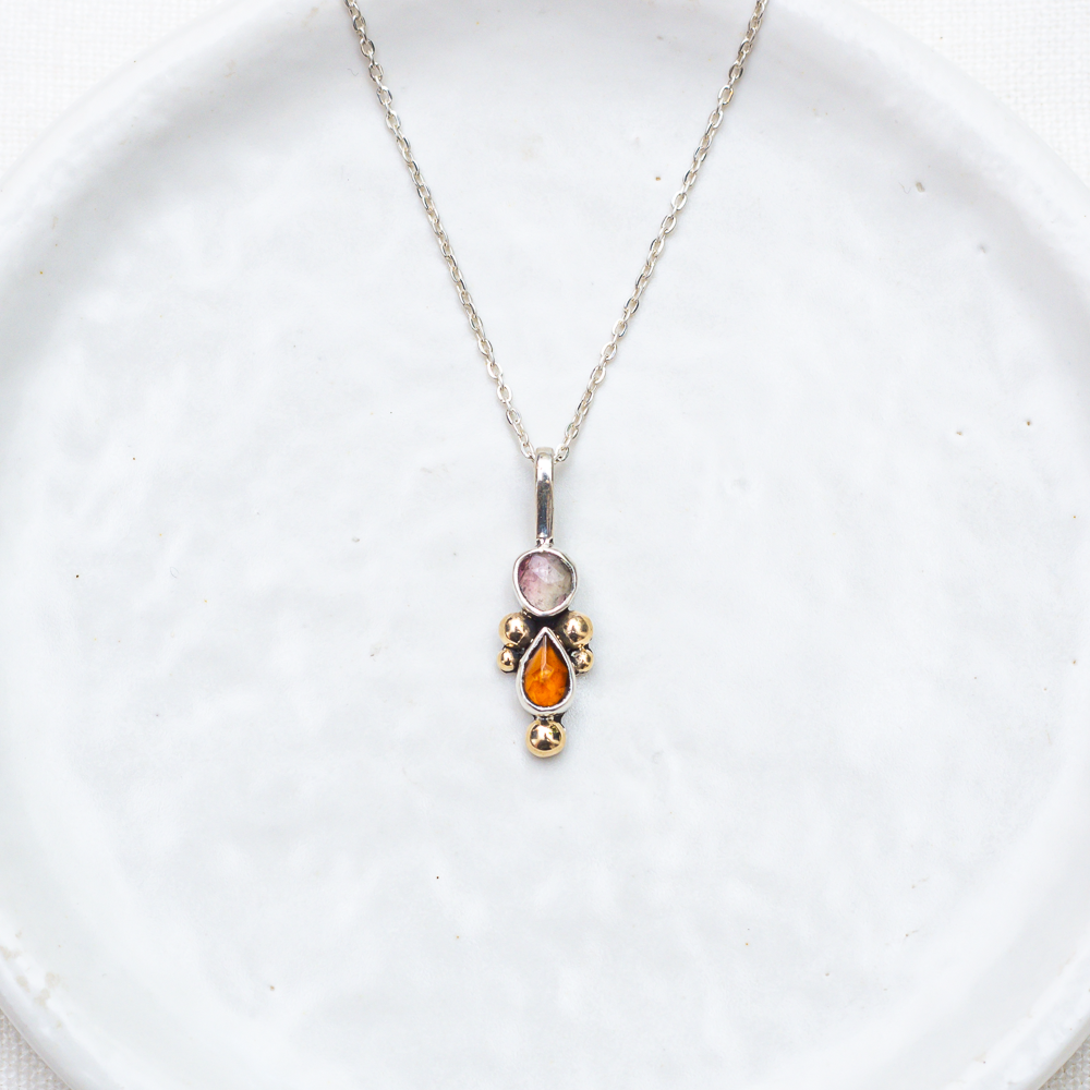 Petite Duo Necklace ◇ Faceted Tourmaline + Hessonite Garnet ◇ Sterling Silver + 14k Gold