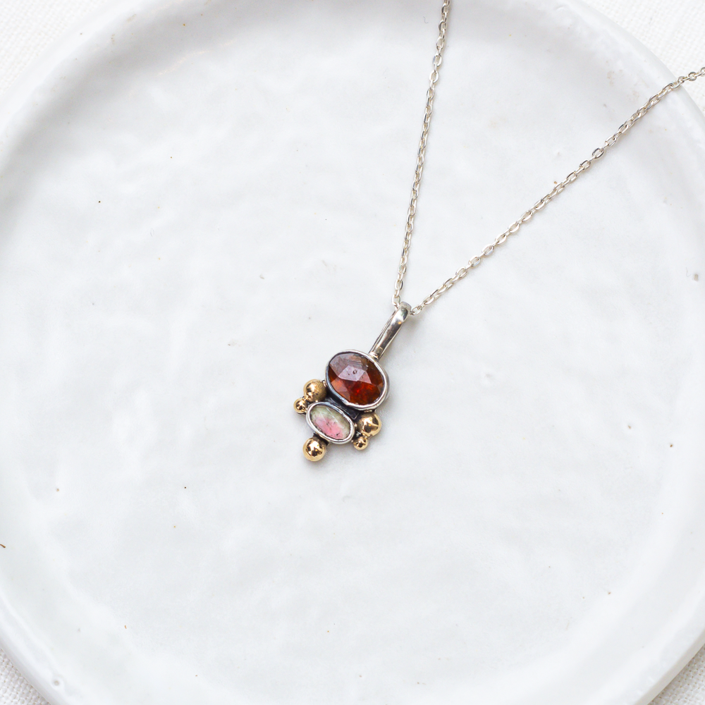 Petite Duo Necklace ◇ Hessonite Garnet + Faceted Tourmaline ◇ Sterling Silver + 14k Gold