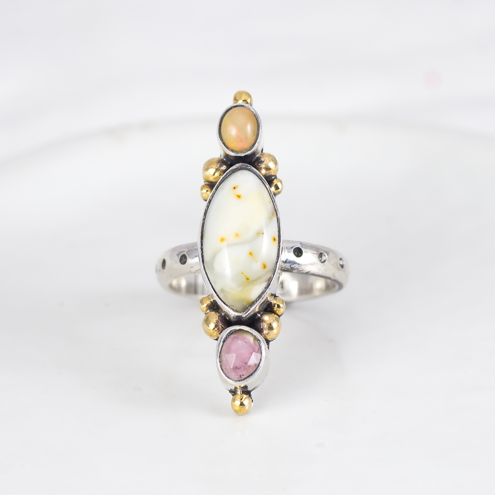 Triad Ring ◇ Ethiopian Opal + Willow Creek Jasper + Faceted Tourmaline ◇ Size 7.5