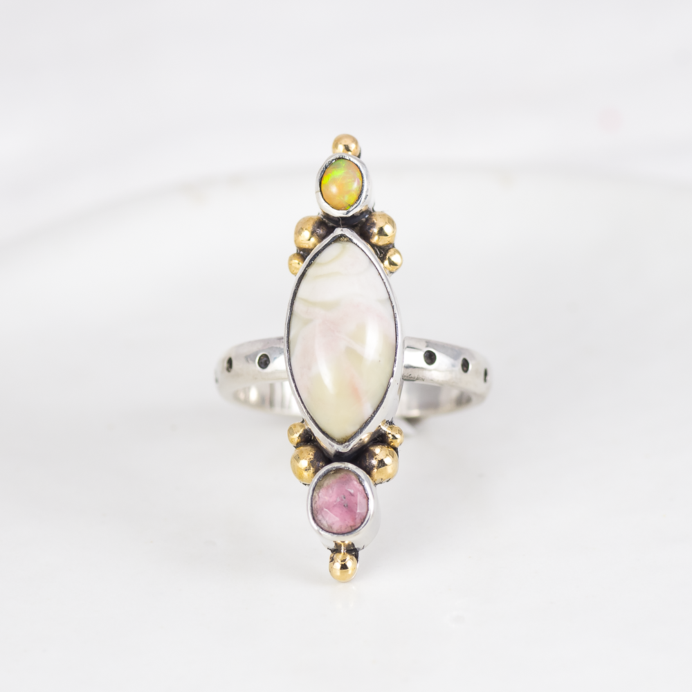 Triad Ring ◇ Ethiopian Opal + Willow Creek Jasper + Faceted Tourmaline ◇ Size 8.5