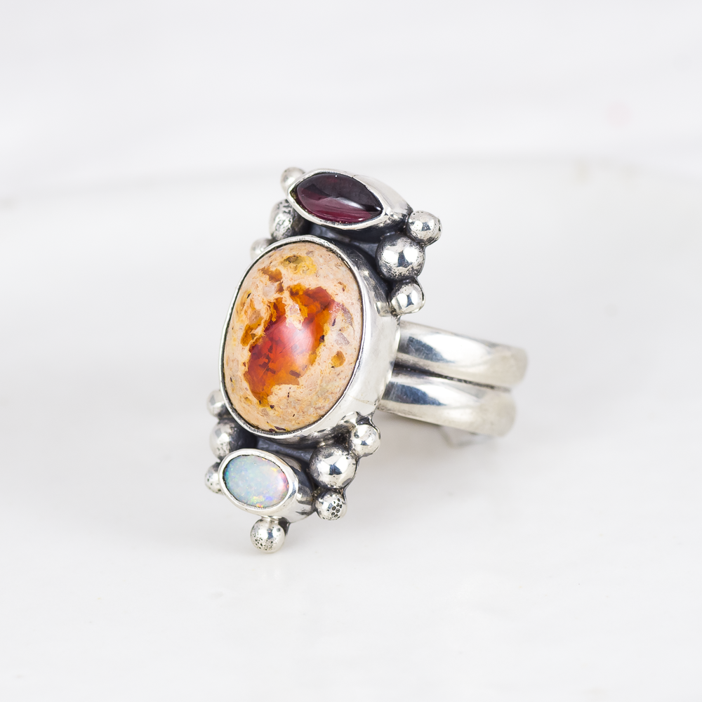 Orbit Ring ◇ Red Garnet + Mexican Opal + Australian Opal ◇ Size 8.5