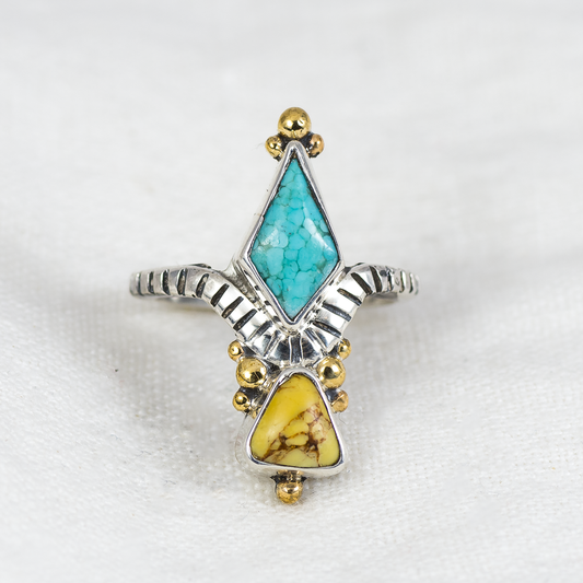 Petite Kindred Embrace Ring (D) ◇ Nevada Turquoise + Lemon Chrysoprase ◇ Size 9