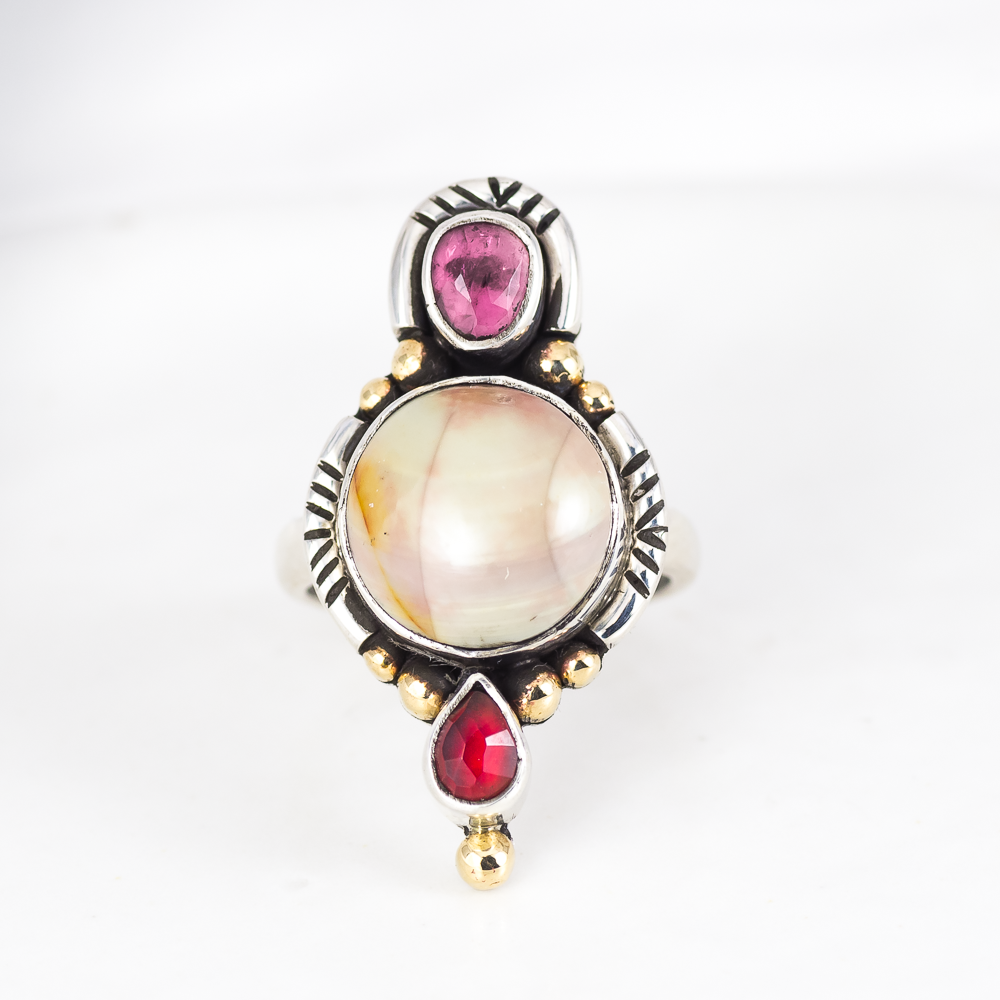 Trine Ring ◇ Faceted Tourmaline + Willow Creek Jasper + Faceted Red Garnet ◇ Size 7.5 ◇ Sterling Silver + Brass