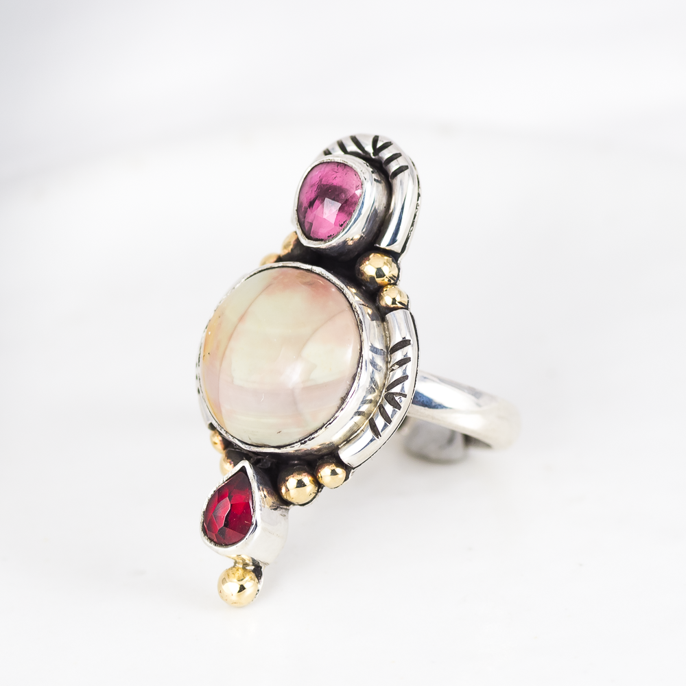 Trine Ring ◇ Faceted Tourmaline + Willow Creek Jasper + Faceted Red Garnet ◇ Size 7.5 ◇ Sterling Silver + Brass
