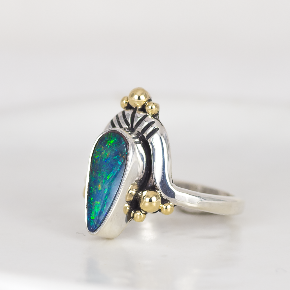 Crowned Embrace Ring (E) ◇ Australian Opal ◇ Size 8 ◇ Silver + 14k Gold