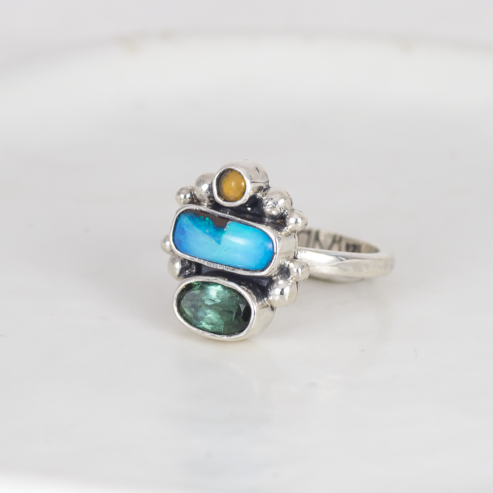 Petite Triad Ring (B) ◇ Australian Opal + Faceted Tourmaline ◇ Size 6 ◇ Silver