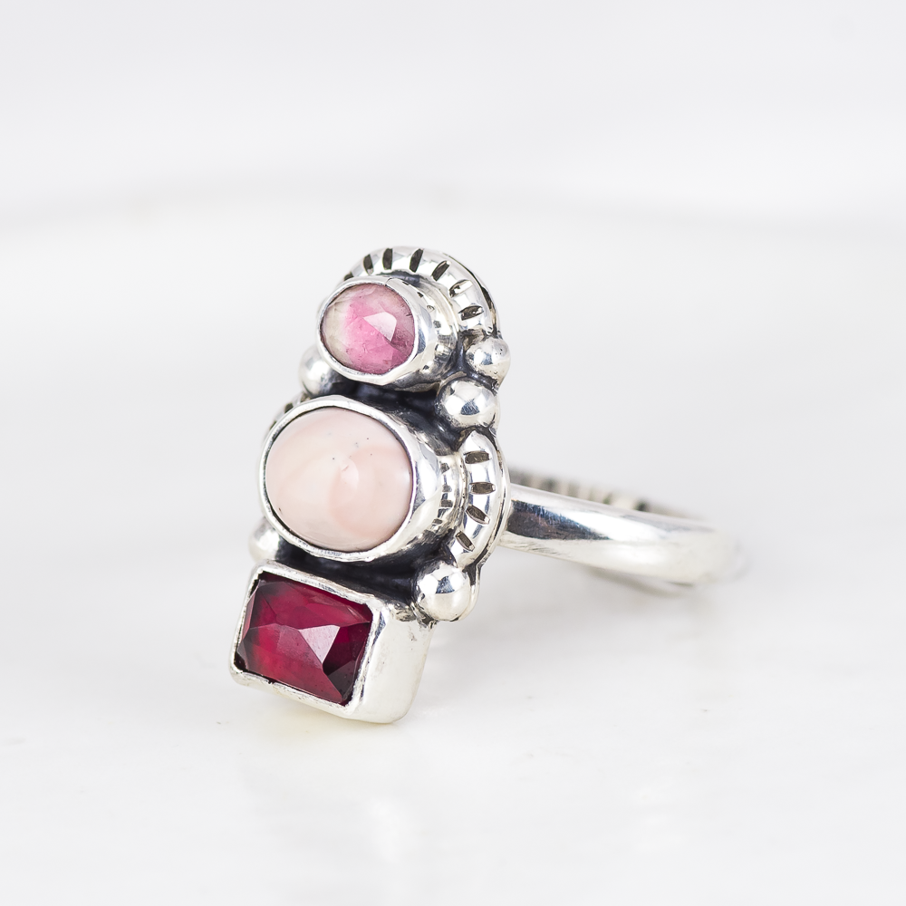 Trine Ring ◇ Faceted Tourmaline, Willow Creek Jasper + Red Garnet ◇ Size 7.5 ◇ Sterling Silver