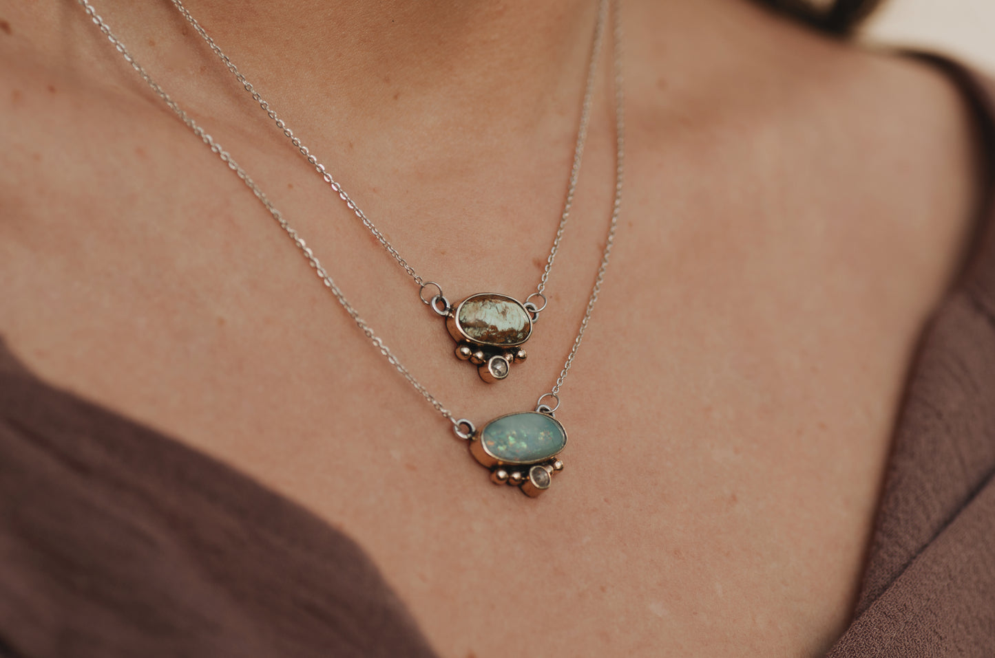 Nova Necklace  ◇ Australian Opal + Natural Rose Cut Diamond ◇ 14k + silver