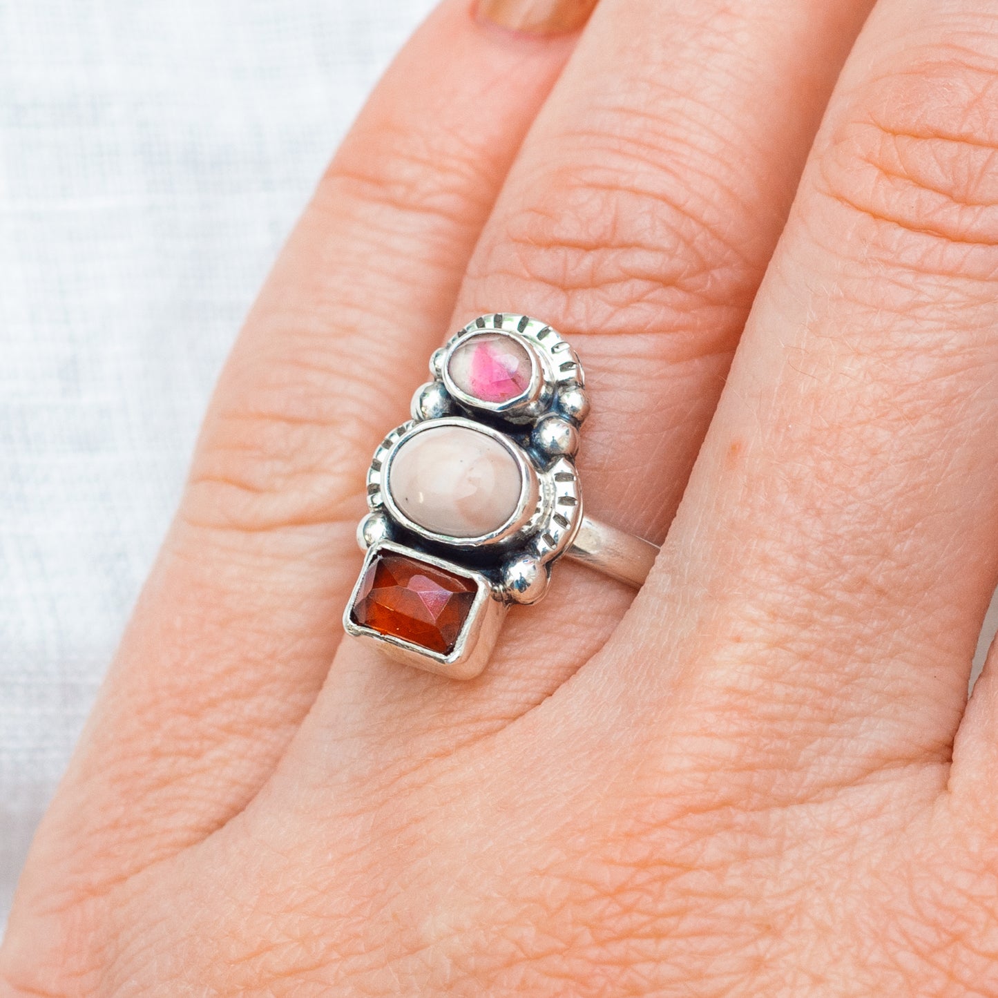 Trine Ring ◇ Faceted Tourmaline, Willow Creek Jasper + Red Garnet ◇ Size 7.5 ◇ Sterling Silver