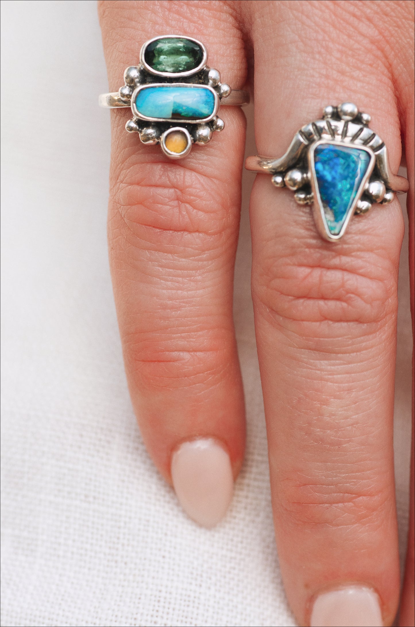 Petite Triad Ring (B) ◇ Australian Opal + Faceted Tourmaline ◇ Size 6 ◇ Silver