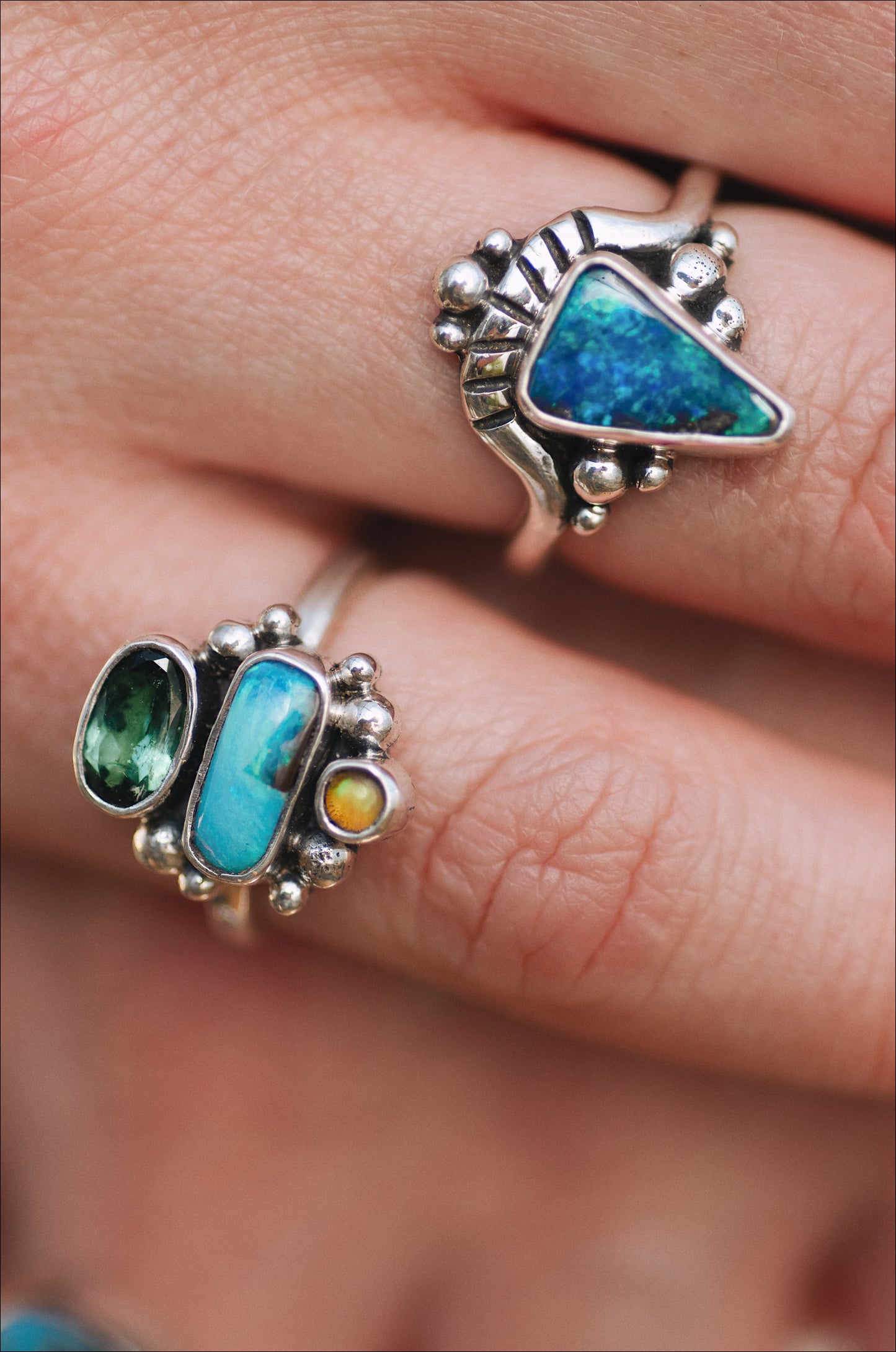Petite Triad Ring (B) ◇ Australian Opal + Faceted Tourmaline ◇ Size 6 ◇ Silver